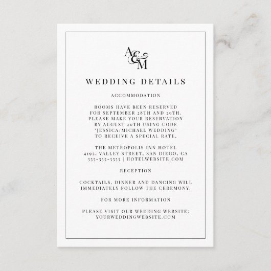 Einfache, moderne Schwarz-weiße Monogramm-Hochzeit Begleitkarte (Vorderseite)