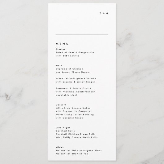 Einfache moderne Schwarz-weiße Monogramm-Hochzeit Menükarte (Vorderseite)