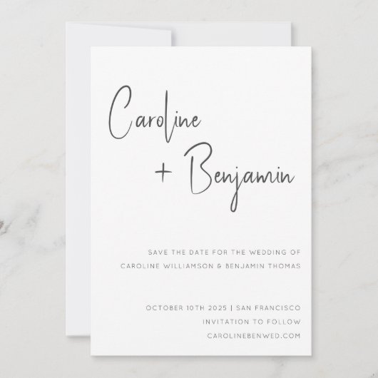 Einfache moderne Schwarz-weiße Script-Foto-Hochzei Save The Date (Vorderseite)