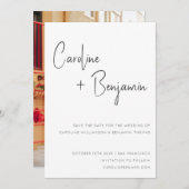 Einfache moderne Schwarz-weiße Script-Foto-Hochzei Save The Date (Vorne/Hinten)