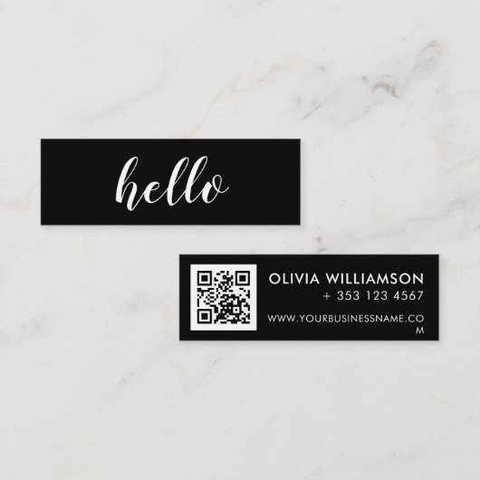 Einfache, moderne schwarze Hello QR-Code Mini Visitenkarte (Vorne/Hinten)