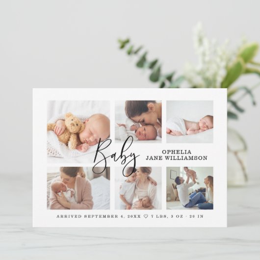 Einfache moderne Script Baby Foto Collage Geburt Ankündigung (Stehend Vorderseite)
