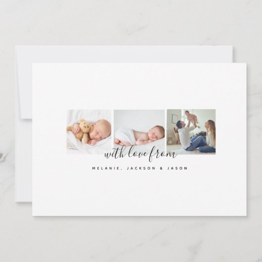 Einfache moderne Script Baby Foto Collage Geburt Ankündigung (Rückseite)