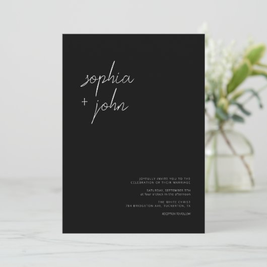 Einfache moderne Script Black Wedding Einladung (Stehend Vorderseite)