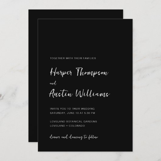 Einfache moderne Script Black Wedding Einladung (Vorne/Hinten)