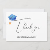 Einfache moderne Script Blue Graduation Cap Dankeskarte (Vorderseite)