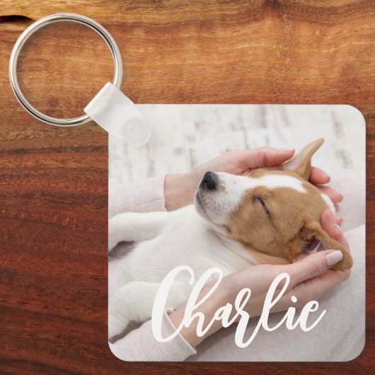Einfache moderne Script Dog Name 2 Foto Schlüsselanhänger (Vorderseite)