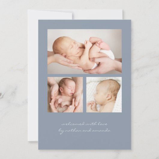 Einfache moderne Script Foto Collage Blue Birth Ankündigung (Rückseite)