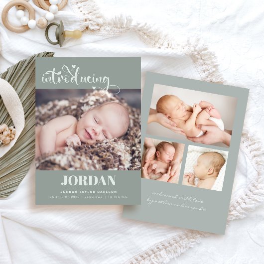 Einfache moderne Script Foto Collage Sage Birth Ankündigung