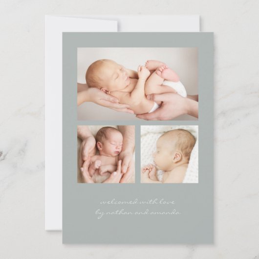 Einfache moderne Script Foto Collage Sage Birth Ankündigung (Rückseite)