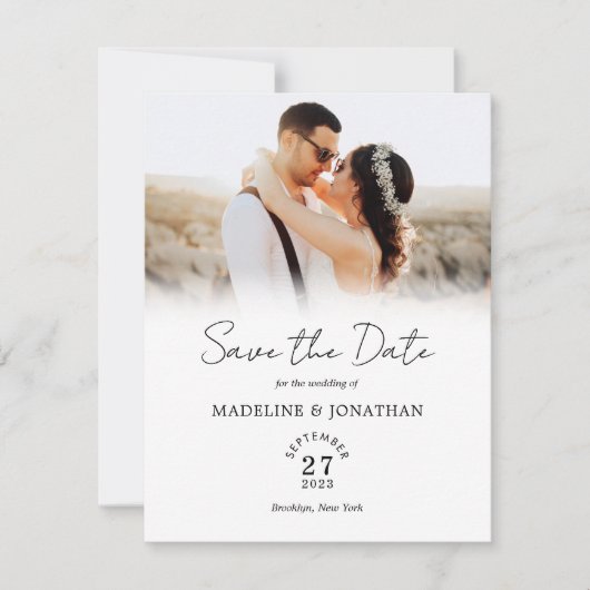 Einfache moderne Script-Foto-Hochzeit Save The Date (Vorderseite)