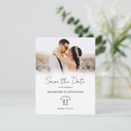 Einfache moderne Script-Foto-Hochzeit Save The Date (Stehend Vorderseite)