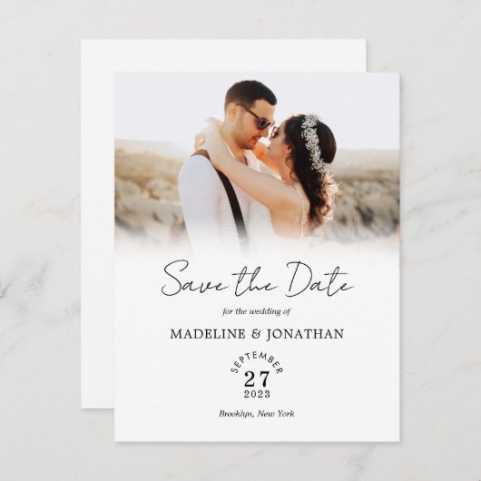 Einfache moderne Script-Foto-Hochzeit Save The Date (Vorne/Hinten)