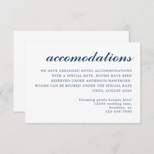 Einfache moderne Script Hochzeitsunterkunft Blau Begleitkarte (Vorne/Hinten)