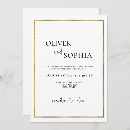 Einfache moderne Script Minimalistische Goldrahmen Einladung (Vorne/Hinten)