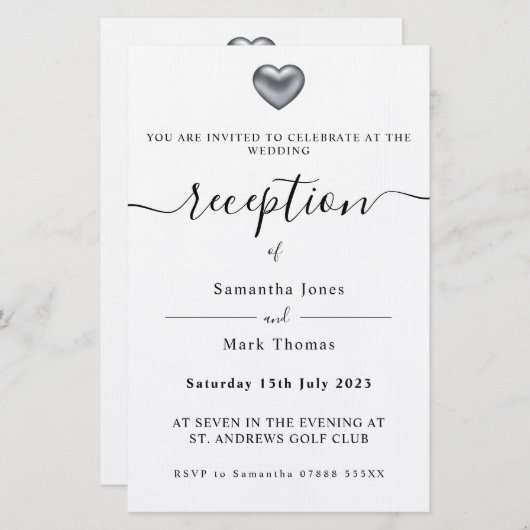 Einfache moderne Silver Heart Empfang Briefpapier (Vorne/Hinten)
