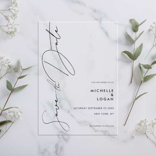 Einfache moderne SkriptWedding Save the Date Acryleinladungen