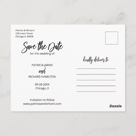 Einfache moderne SkriptWedding speichert das Date- Postkarte (Rückseite)