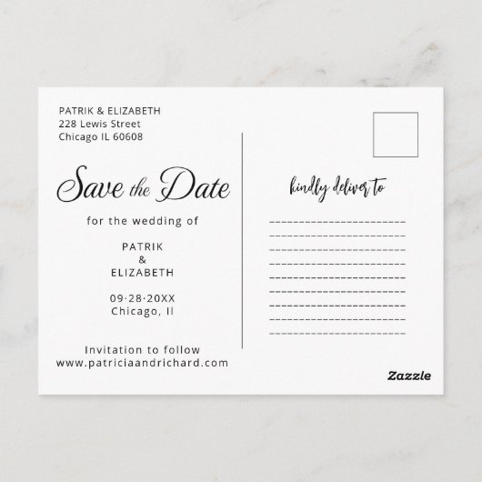 Einfache moderne SkriptWedding speichert das Date- Postkarte (Rückseite)