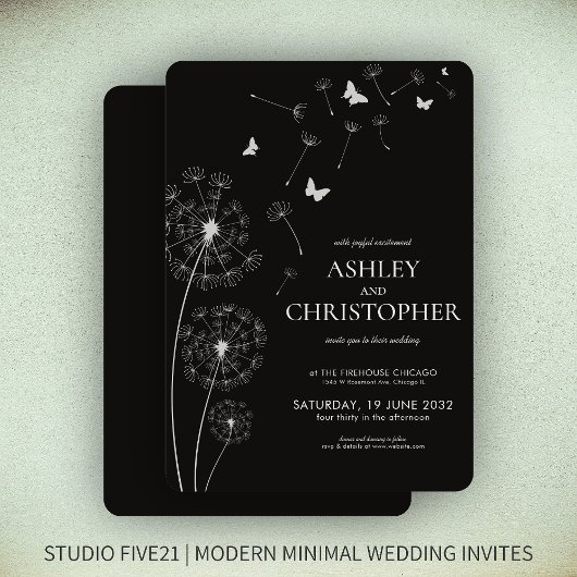 Einfache, moderne Smoke Black Dandelion Wedding Einladung