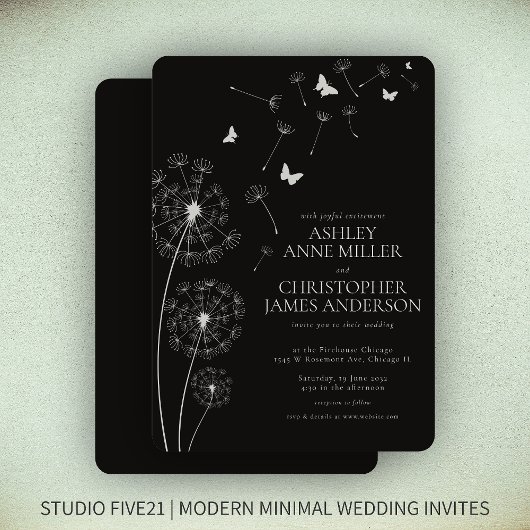 Einfache, moderne Smoke Black Dandelion Wedding Einladung