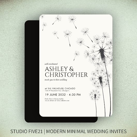 Einfache, moderne Smoke Black Dandelion Wedding Einladung