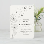 Einfache, moderne Smoke Black Dandelion Wedding Einladung (Stehend Vorderseite)