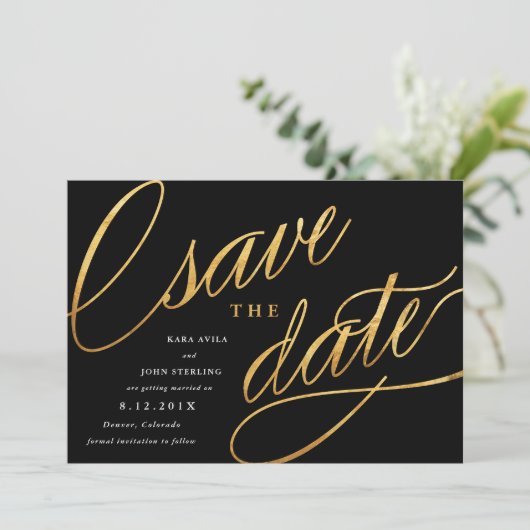 Einfache Moderne speichert Daten | Schwarz & Gold Save The Date (Stehend Vorderseite)