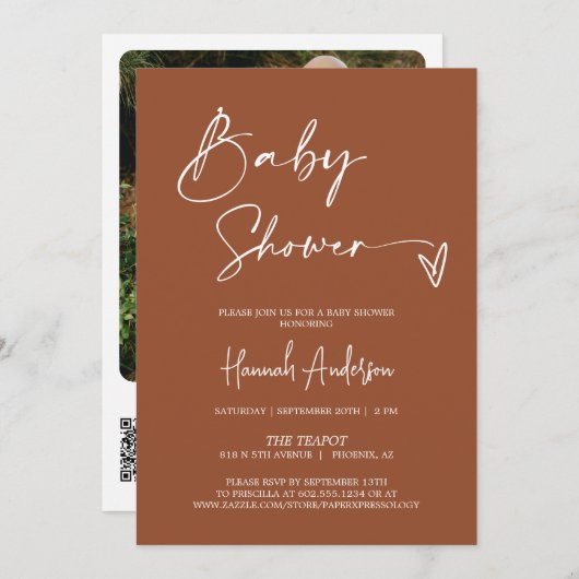 Einfache moderne Terracotta Babydusche QR Code Fot Einladung (Vorne/Hinten)