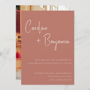 Einfache moderne Terracotta-Rose Script-Foto Hochz Save The Date
