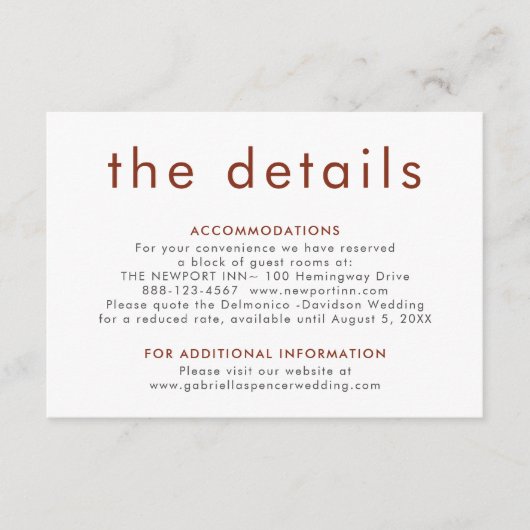 Einfache, moderne Terracotta Rost Hochzeitsdetails Begleitkarte (Vorderseite)