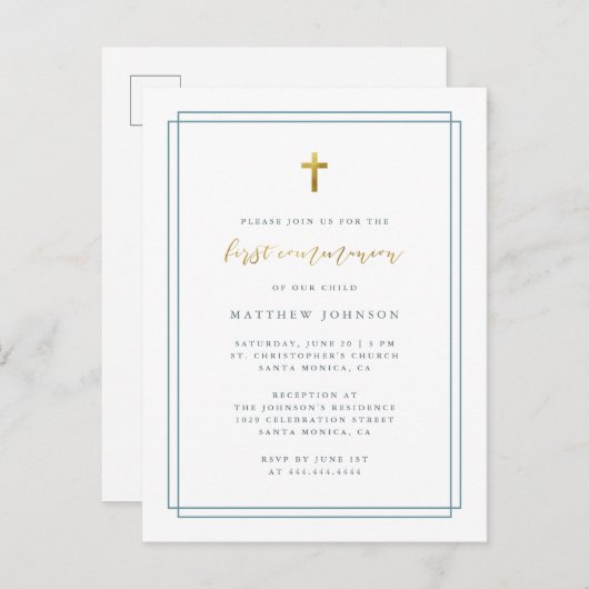 Einfache moderne Typografie Blaue Erste Kommune Einladungspostkarte (Vorne/Hinten)