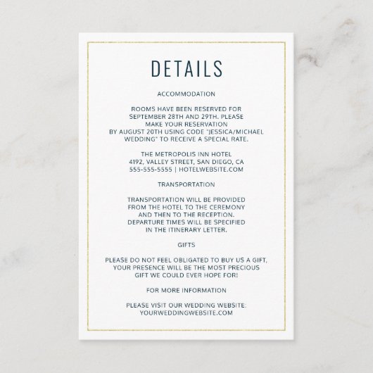 Einfache moderne Typografie Elegante Hochzeitsdeta Begleitkarte (Vorderseite)