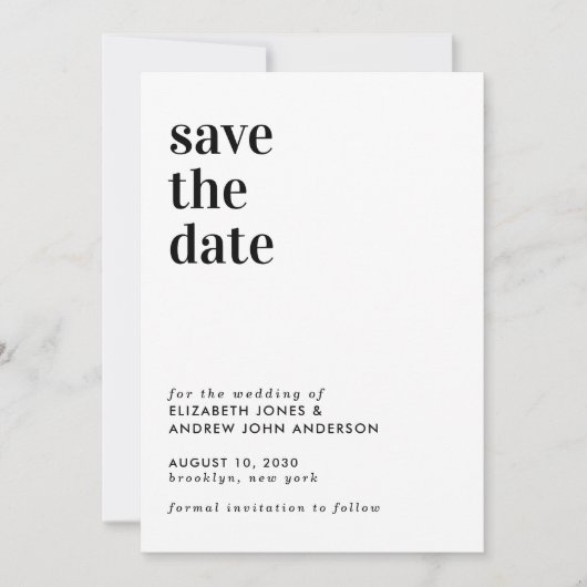 Einfache moderne Typografie-Hochzeit rettet das Da Save The Date (Vorderseite)