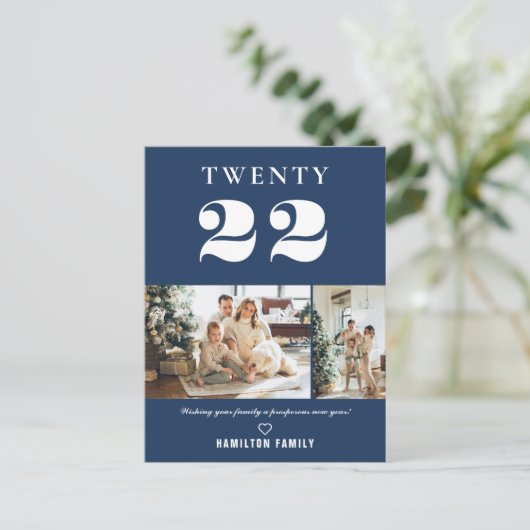 Einfache moderne Typografie Neujahr Zwei Foto Postkarte (Stehend Vorderseite)