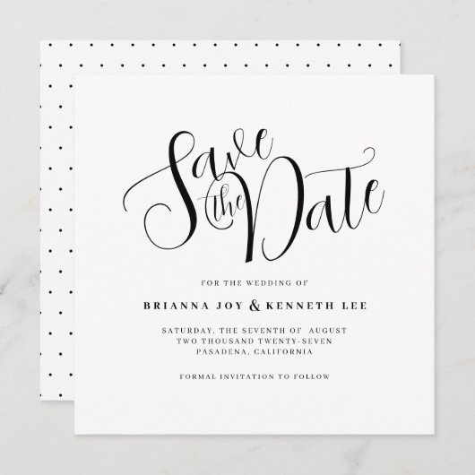 Einfache moderne Typografie Weiß und Schwarz Punkt Save The Date (Vorne/Hinten)