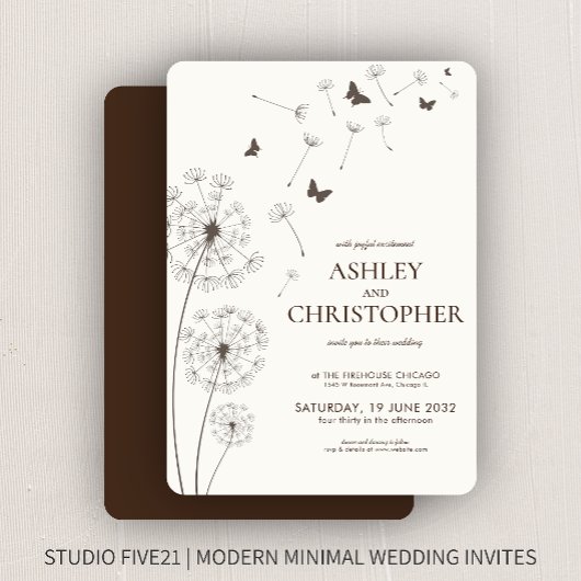 Einfache moderne Walnut Brown Dandelion Wedding Einladung
