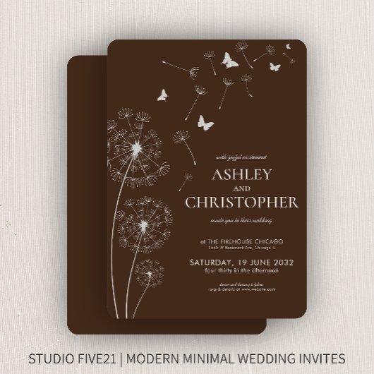 Einfache moderne Walnut Brown Dandelion Wedding Einladung