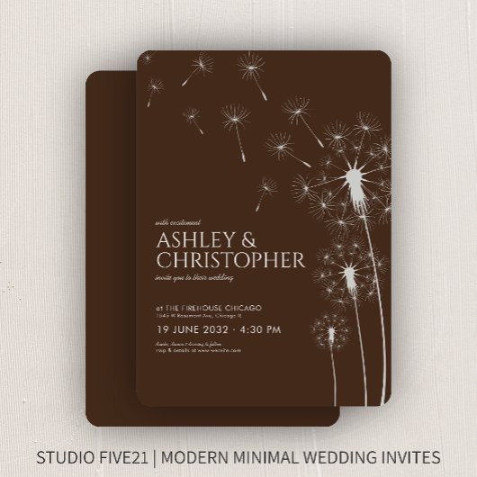 Einfache moderne Walnut Brown Dandelion Wedding Einladung