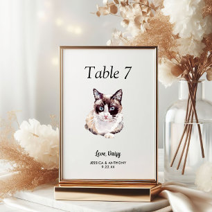 Einfache moderne Wasserfarbe Katze Hochzeit Tischnummer