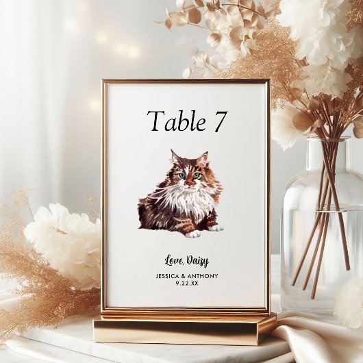 Einfache moderne Wasserfarbe Katze Hochzeit Tischnummer