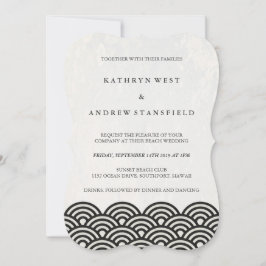 Einfache moderne Waves Black + White Beach Wedding Einladung