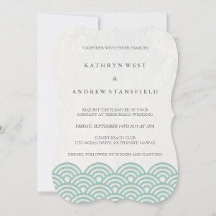 Einfache moderne Waves Green + White Beach Wedding Einladung
