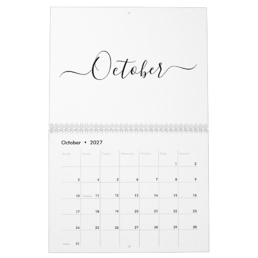 Einfache, moderne, weiße und schwarze Skriptmonate Kalender (Okt 2027)