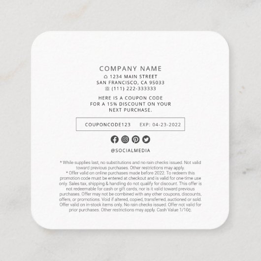 Einfache, moderne Werbeaktion für Unternehmen Quadratische Visitenkarte (Rückseite)