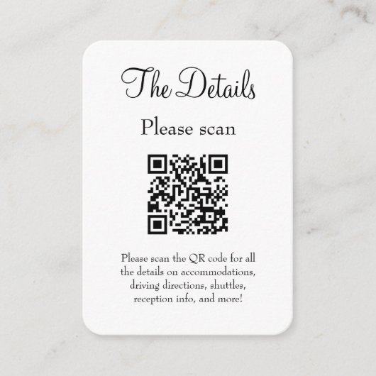 Einfache, moderne White Wedding Details mit QR Cod Begleitkarte (Vorderseite)