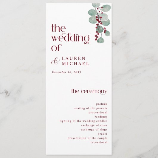 Einfache moderne Winterhochzeit in Burgund Programm (Vorderseite)