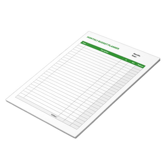 Einfache monatliche Haushaltsplanung Grün Notizblock (angewinkelt)