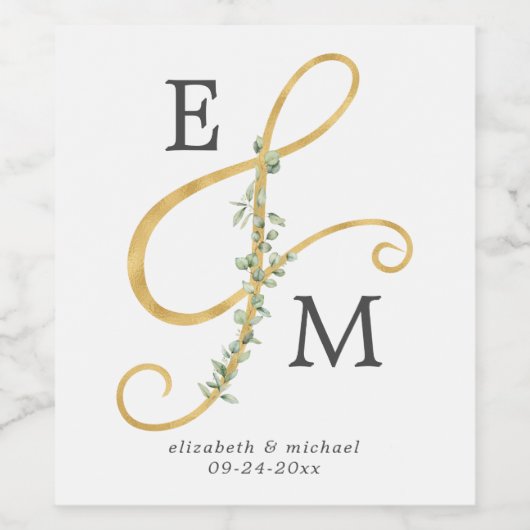Einfache Mongram Ampersand Eukalyptus Wedding Weinetikett (Einzelnes Label)