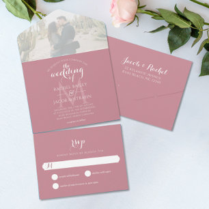 Einfache Mongram Dusty Rose Foto Hochzeit All In One Einladung